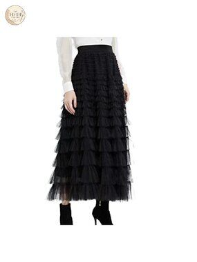 Women's Layered Ruffles Tulle Pleated High Waist Fluffy Maxi Skirt Fairy Tutu